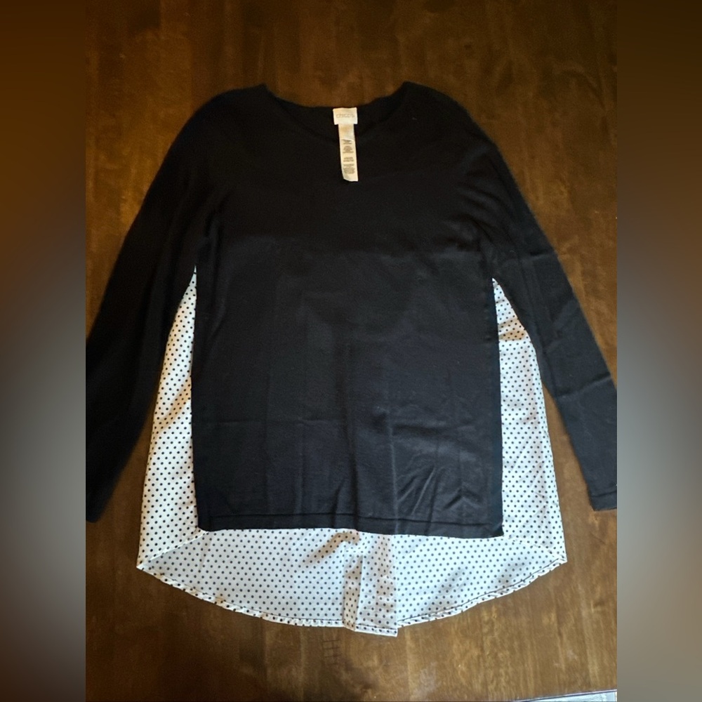 Chicos Size 1 (Medium) Sweater Blouse Black Polka Dot Office Classic Career